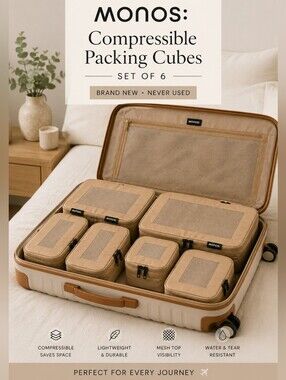 Monos Compressible Packingh Cubes Set of 6 Tan Brand New Travel Organizers